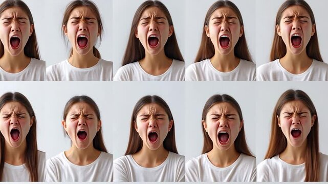 Young Woman's Emotional Expressions: A series of twelve close-up portraits showcasing a young woman's varied expressions of anger and frustration.