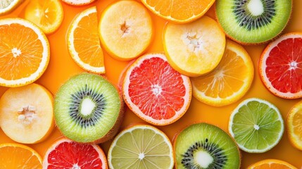 Obraz premium Vibrant fruit slices of kiwi, orange, apple, and pineapple on orange background