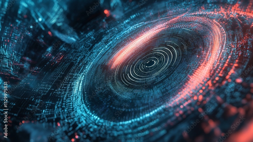 Poster a detailed abstract design featuring circular data elements glowing in blue and red hues, evoking di