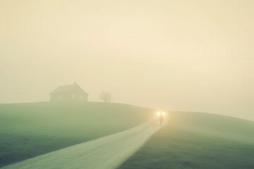 A solitary figure walks along a foggy path towards a distant house on a hill.