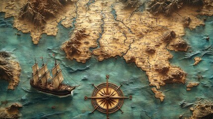 Vintage Pirate Map Illustration of the Caribbean Sea with Ships Islands and Compass Rose on Worn Parchment