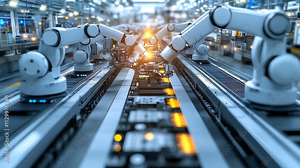 Poster automated robotic assembly line manufacturing process.