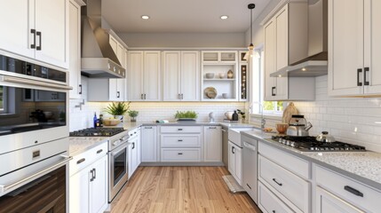 Fototapeta premium A contemporary kitchen with white cabinets, wood countertops