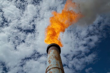 A tall industrial smokestack emitting a flame against a cloudy sky.