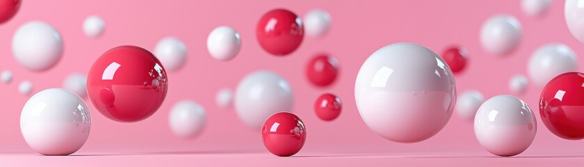 A vibrant composition of red and white spheres against a soft pink background, creating a playful and modern aesthetic.