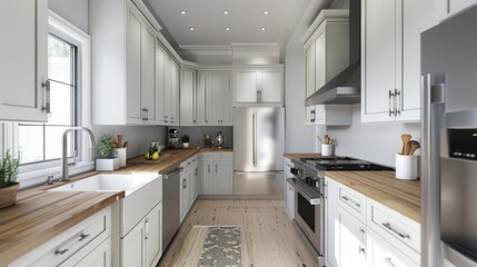 A contemporary kitchen with white cabinets, wood countertops
