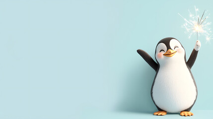 Obraz premium Cheerful penguin holding sparkler for New Year celebration, smiling joyfully