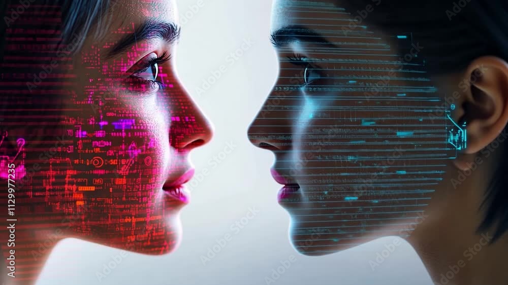 Poster digital evolution: face to face with ai. a captivating image depicting the convergence of human and 