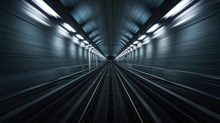 Obraz premium High-Speed Movement Through Tunnel or Subway, Perspective from Inside Moving Vehicle, Converging Tracks and Walls, Motion Blur Emphasizing Speed, Dim Lighting with Illuminated Spots from Overhead 