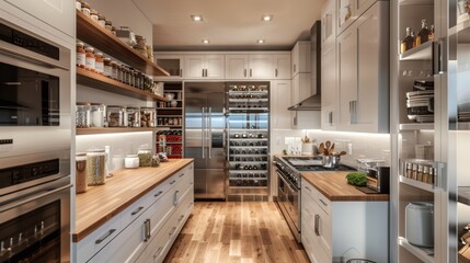 Fototapeta premium A contemporary kitchen with white cabinets, wood countertops