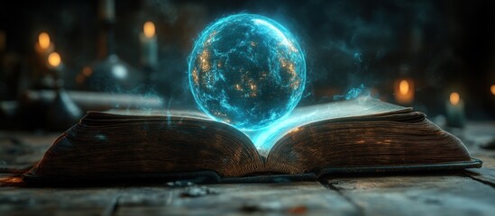 Open Book with Holographic Globe and Blue Ambient Lighting, Digital Art for Global Education