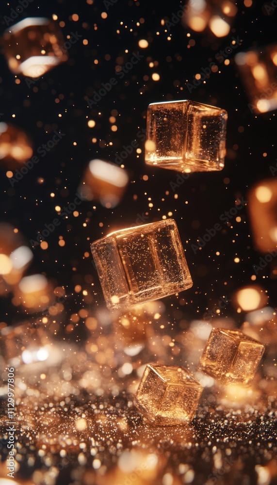 Poster floating ice cubes surrounded by shimmering particles against a dark background.