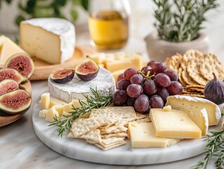 A beautifully arranged cheese platter with fruits, crackers, and herbs for entertaining.