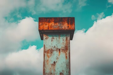 A weathered, rusted pillar against a cloudy sky, evoking industrial decay and resilience.