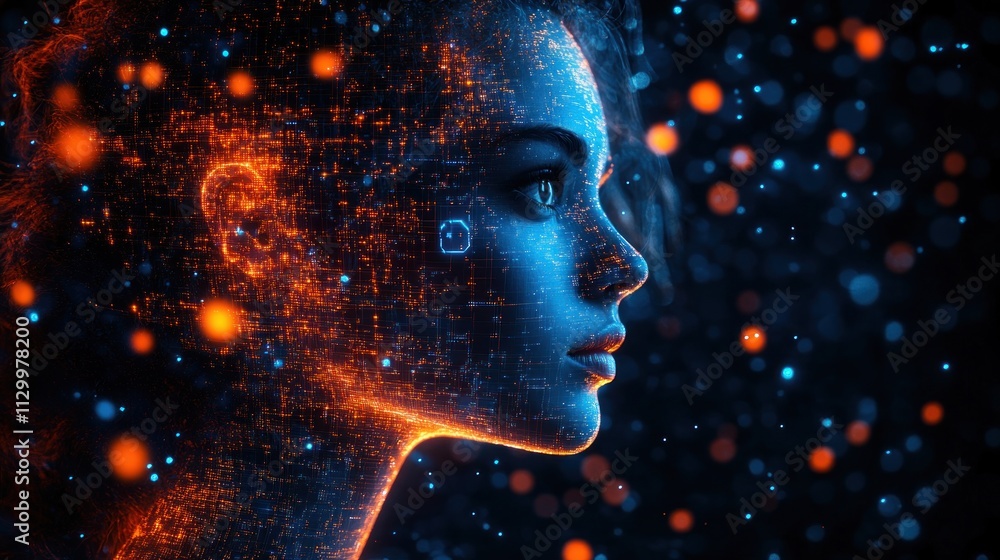 Aufkleber futuristic portrait of a woman with digital interface in cyberpunk style showcasing ai and automatio