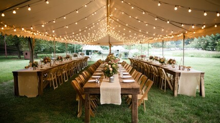 Fototapeta premium Rustic-chic party decor with burlap accents, wooden centerpieces, and string lights for a cozy ambiance,