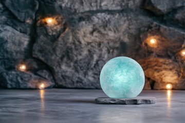 Glowing crystal sphere on stone platform