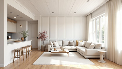 Fototapeta premium Modern living room interior design with cozy sofa and natural light