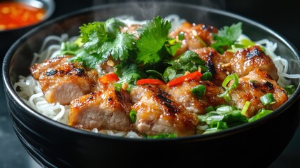 Fototapeta premium A bowl of grilled chicken over rice noodles, garnished with herbs and spices.