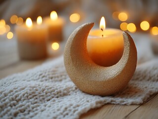 Golden Crescent Candle Holder With Burning Candle