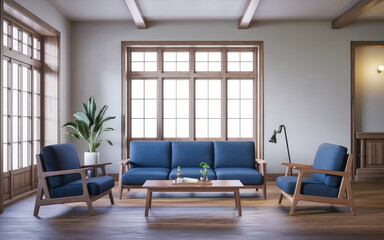 Fototapeta premium modern living room with a large blue sofa and two blue armchairs. The room has wooden , including a wooden coffee table and a bookshelf. There is a potted plant near the window.