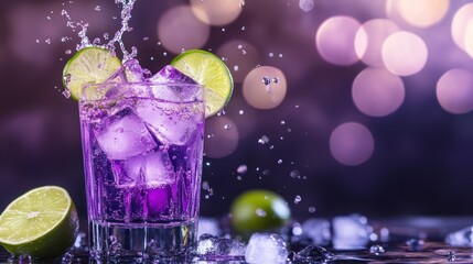 Refreshing drink with lime slices and splashing ice