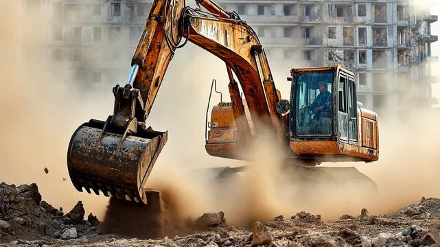 Excavator at Work: A powerful excavator digs into the earth, kicking up dust and debris as it works on a construction project. This image evokes the strength, power.