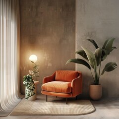 Minimalist modern living room featuring a serene reading corner with an orange armchair, side table, lush green plant, and warm-toned wall illuminated by natural light