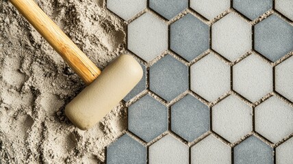 A wooden mallet rests on sand beside newly laid hexagonal tiles, showcasing a textured pattern of...