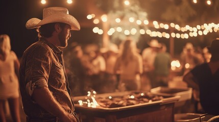 Nighttime Cowboy Party Festive Lights, Western Hats, BBQ Grill