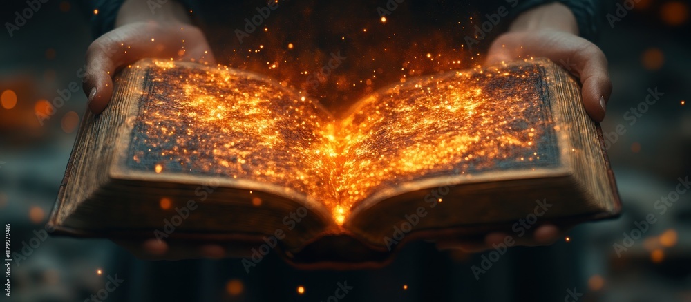 Poster hand holding open book with glowing particles in ancient library