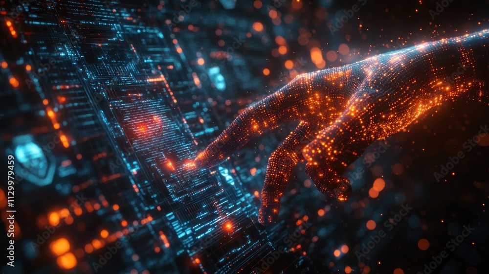 Poster hacker hand reaching from screen for cyber attack and data breach