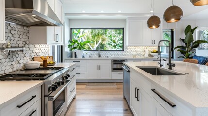 A modern kitchen featuring white cabinets, lava stone countertops