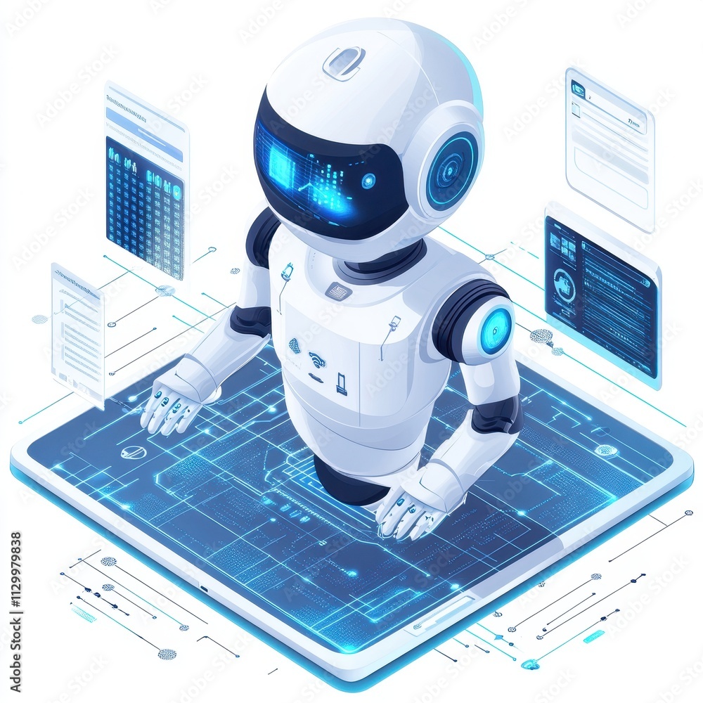 Poster automated security compliance: a robot analyzing data on a tablet, showcasing advanced technology, i
