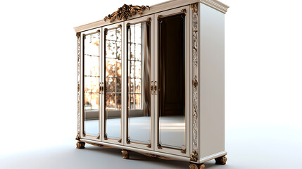 A white cabinet with gold trim and four doors