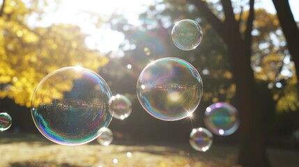 Autumn Sunlight Illuminates Sparkling Soap Bubbles Outdoors