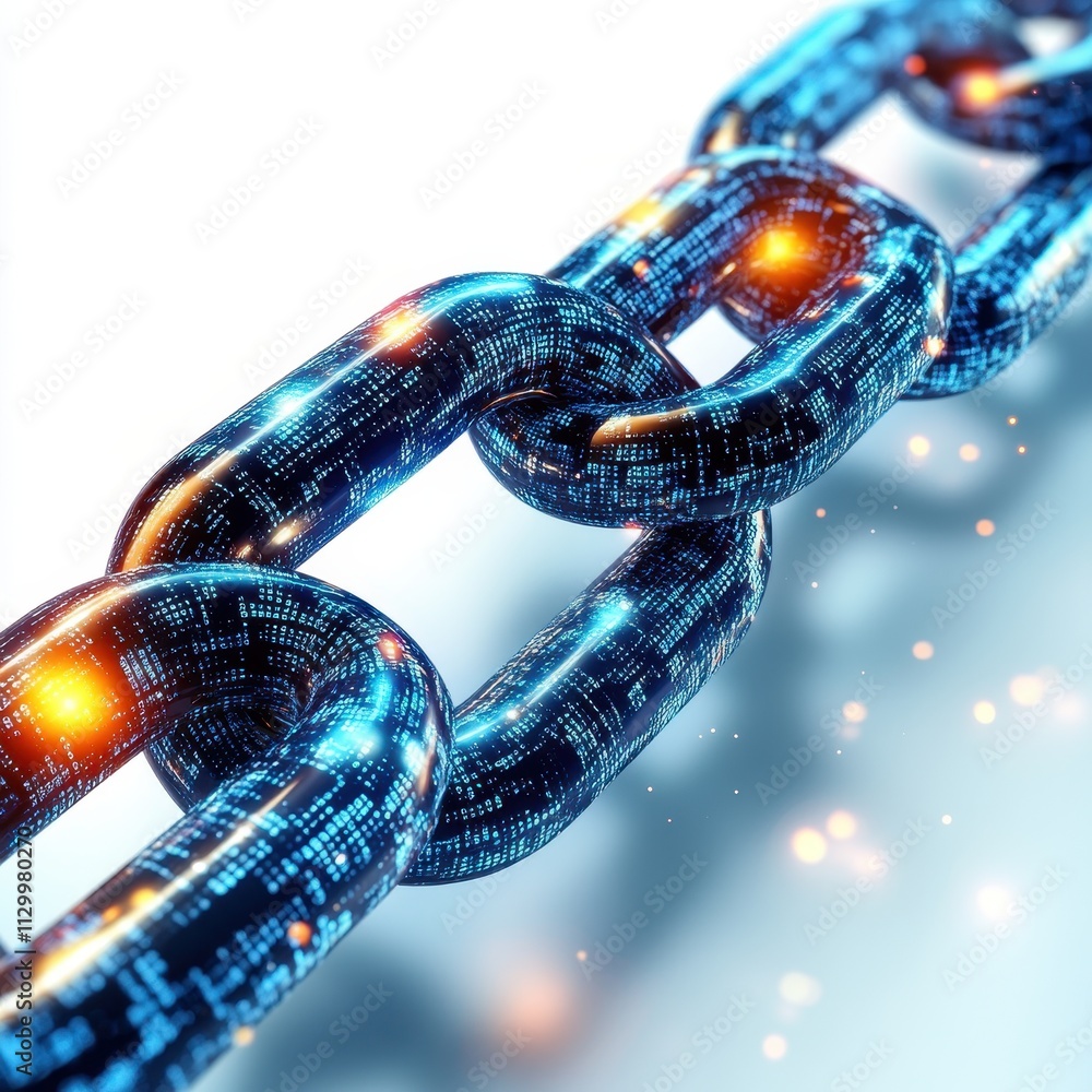 Poster blockchain-enhanced security: a glowing chain symbolizing trust, innovation, and protection in the d