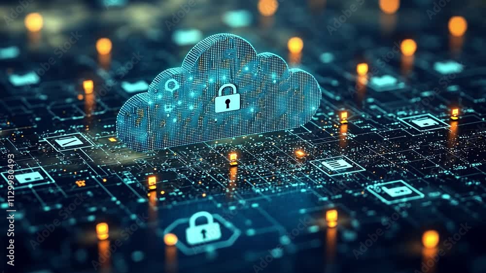 Poster digital cloud security with glowing locks and data icons on a circuit board background