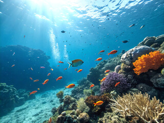 Obraz premium coral reef and diver. underwater, coral, fish, sea, reef, diving, scuba, ocean, tropical, water, marine, nature, red, blue, egypt, deep, animal, colorful, aquatic, diver, red sea, dive, aquarium, cora