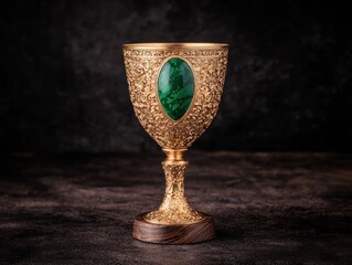 Ornate golden chalice with emerald gemstone
