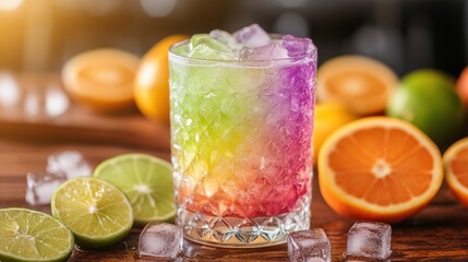 Fototapeta premium A colorful layered drink in a glass surrounded by fresh citrus fruits and ice.