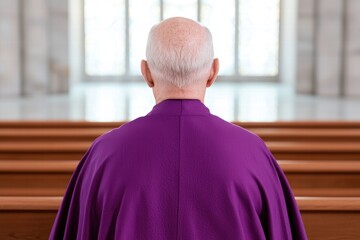 Fototapeta premium Rear view of a person in a purple robe standing in a church