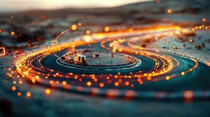 Futuristic Aerial View of Technological Race Track against Lush Natural Landscape