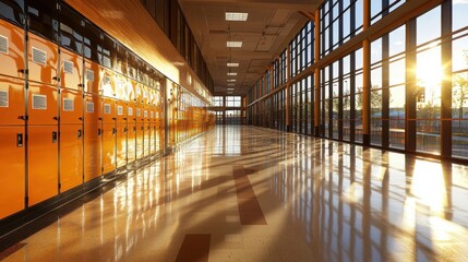 Serene School Hallway with Lockers Bathed in Natural Light
