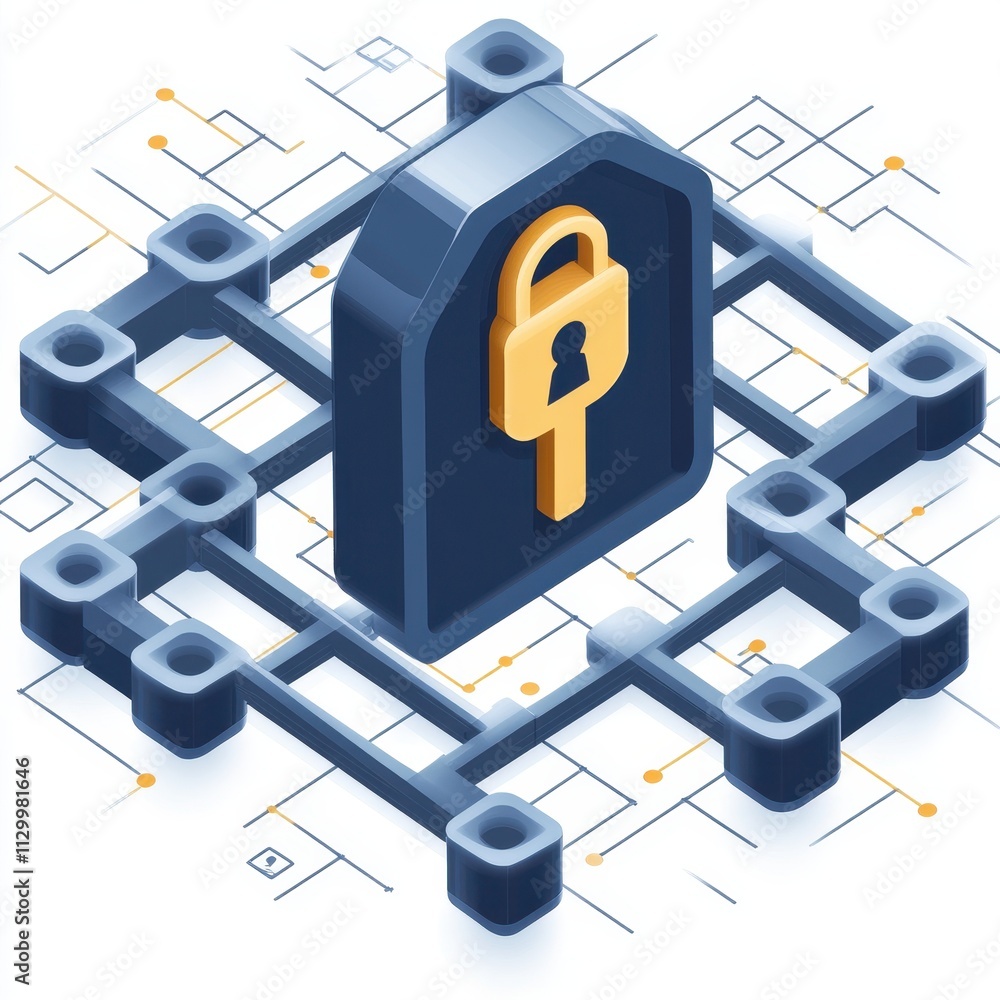 Poster encrypted financial workflows: secured lock symbolizing data protection, privacy and security for di