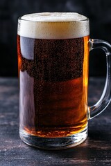 Close-up of a glass of frothy amber beer