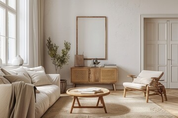 Light-filled Scandinavian living room with a textured wooden sideboard, artistic mock-up frame, and minimalist modern decor for a cozy and stylish ambiance