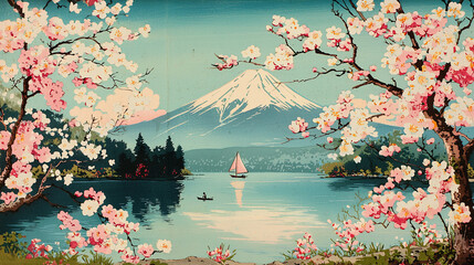 lake and mountains pink flowers