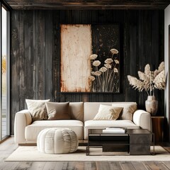 Sophisticated farmhouse-style square living room with a beige sofa, black wooden wall, and textured accents for a rustic and cozy modern design