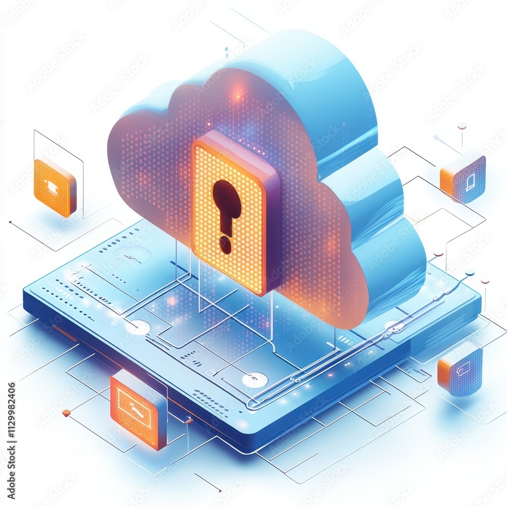 Poster financial cloud safety tools: secure cloud computing system with lock symbolizing protection, data s